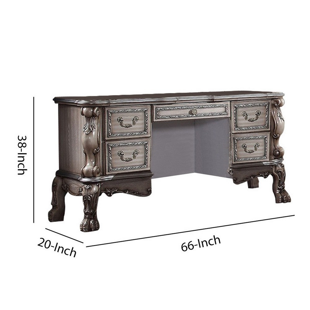 Traditional Wooden Nightstand with 7 Drawers and Carved Details, Silver