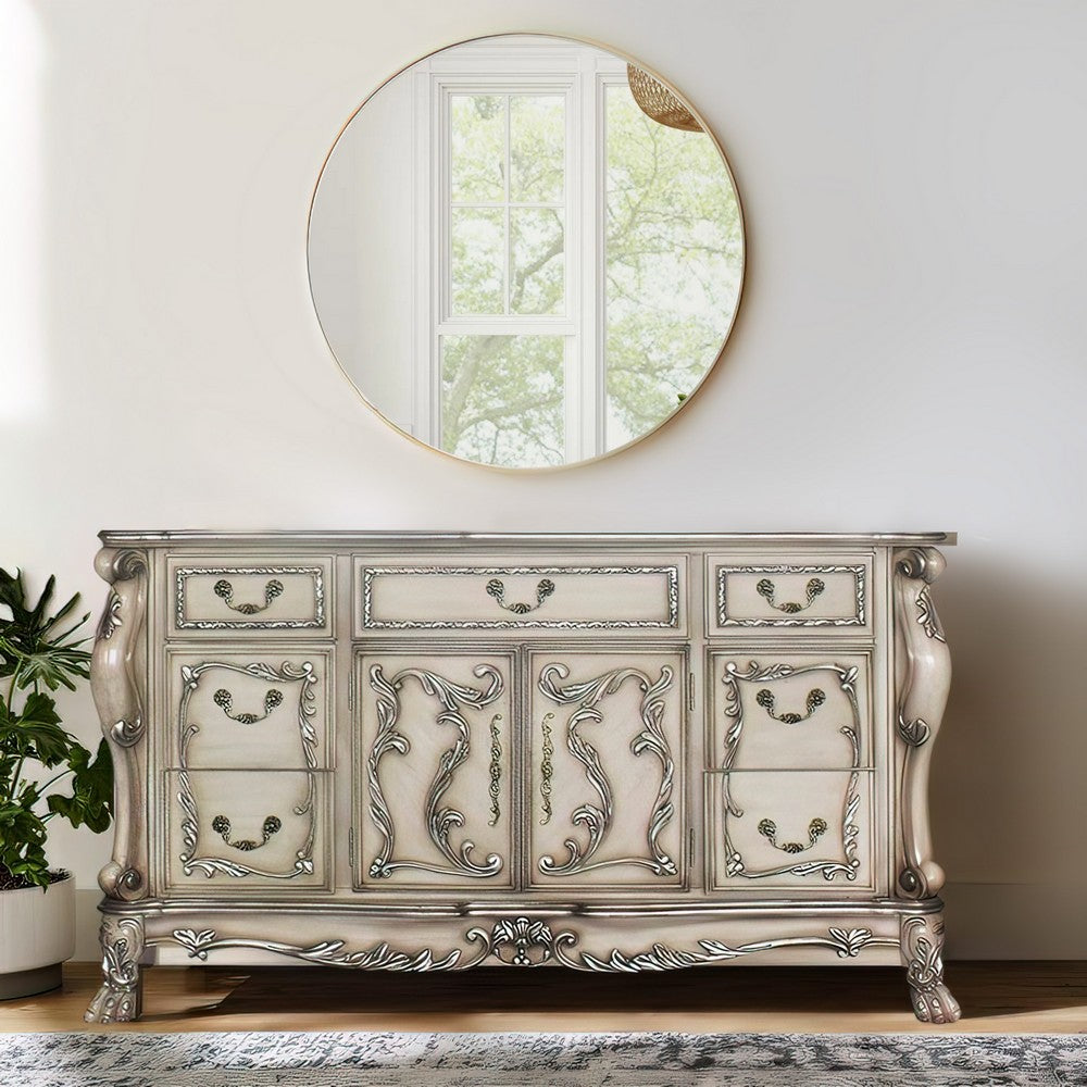 Traditional Wooden Nightstand with 7 Drawers and Carved Details, Silver