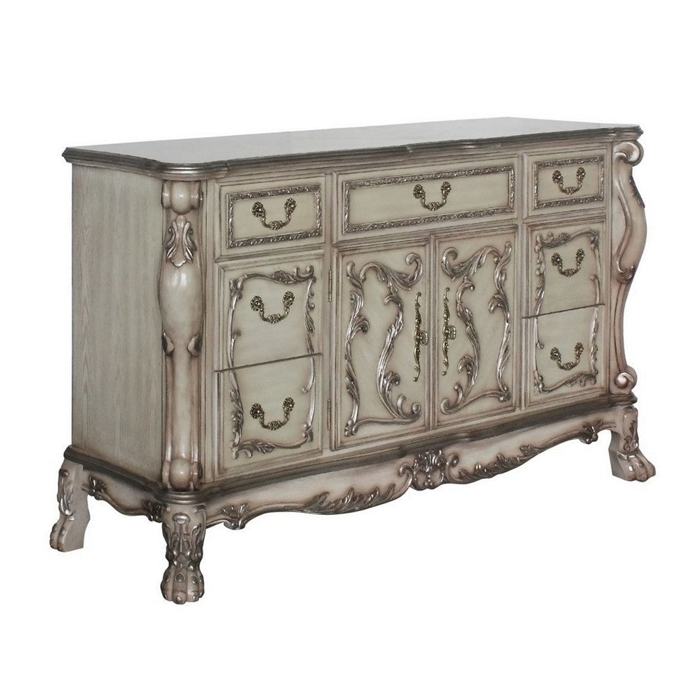 Traditional Wooden Nightstand with 7 Drawers and Carved Details, Silver By Casagear Home