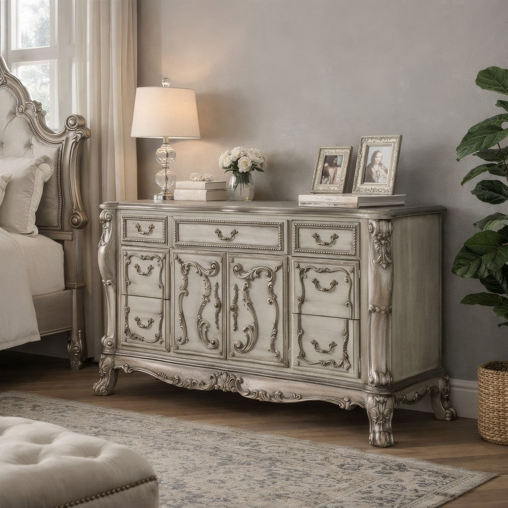 Traditional Wooden Nightstand with 7 Drawers and Carved Details, Silver