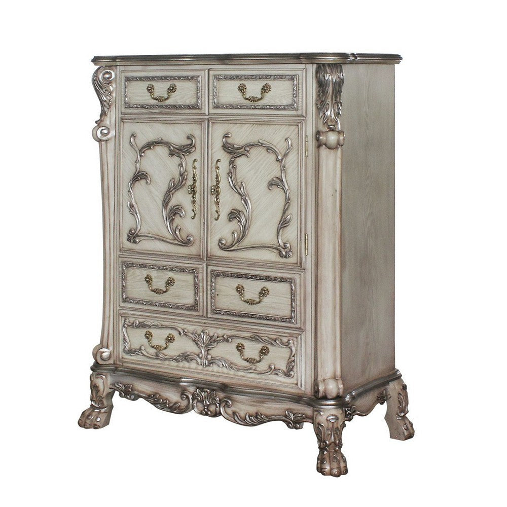 Traditional Wooden Chest with 5 Drawers and Carved Details, Silver By Casagear Home