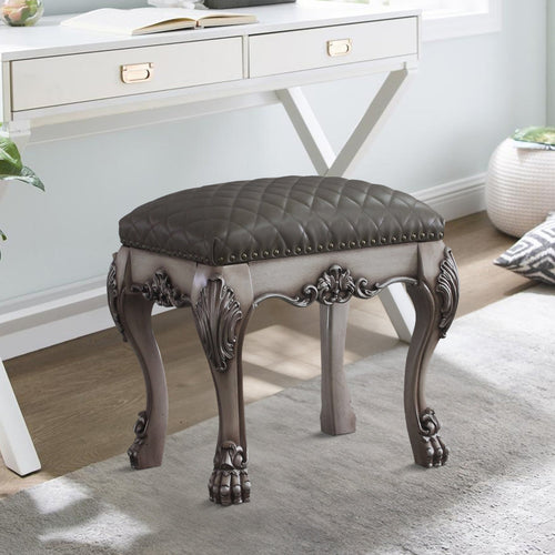Vanity Stool | Traditional | Faux Leather Seat | Claw Legs | Gray