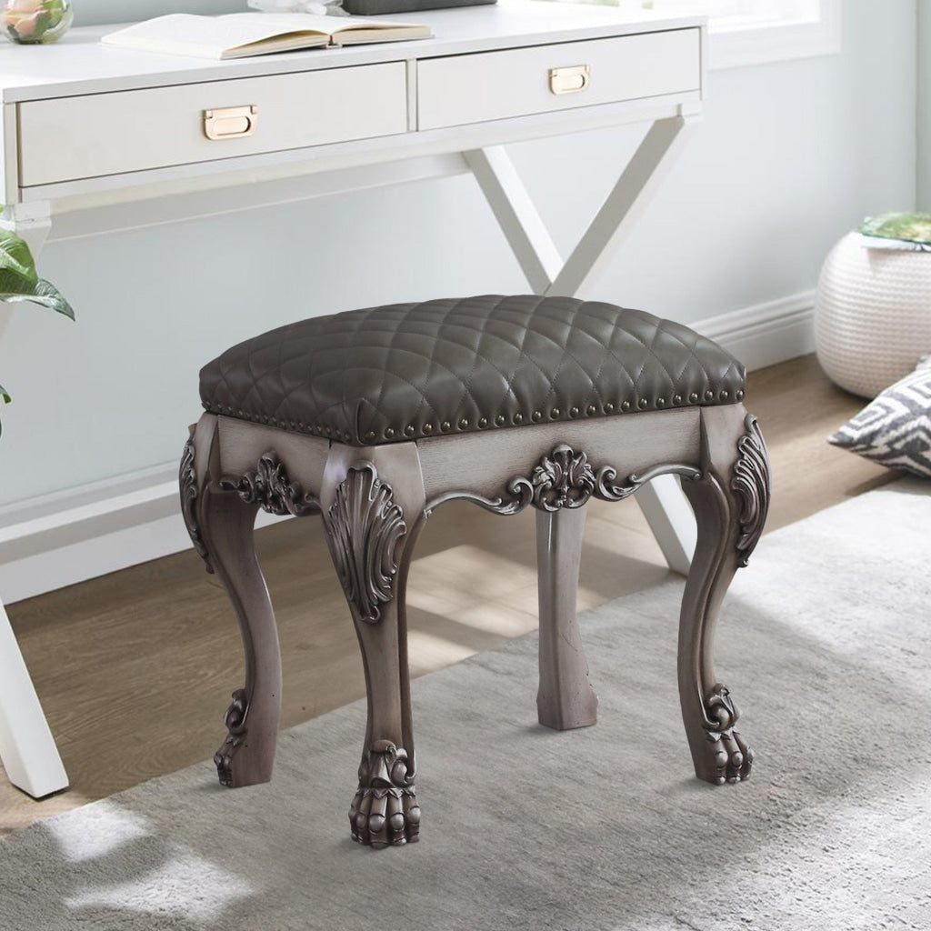 Vanity Stool | Traditional | Faux Leather Seat | Claw Legs | Gray