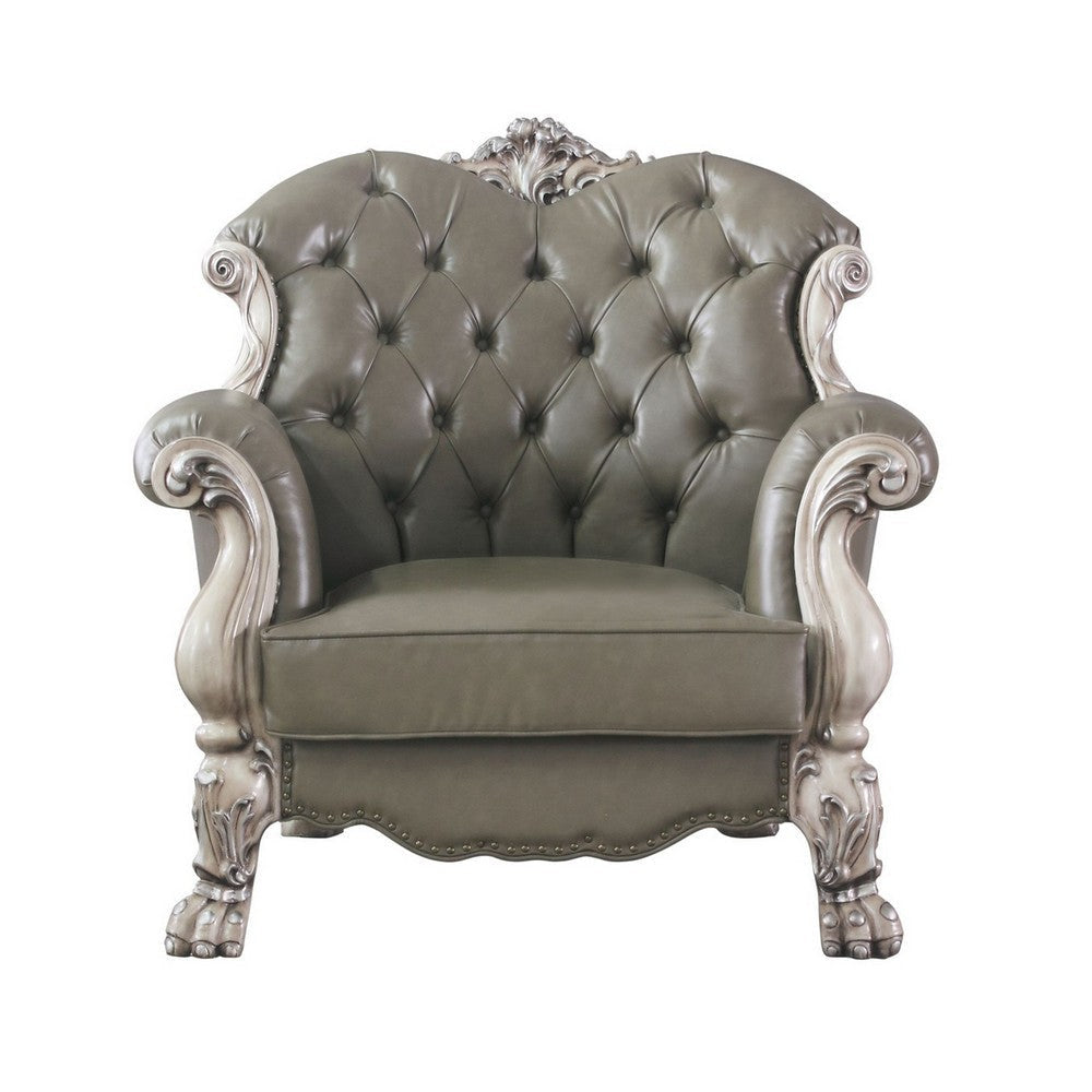 Traditional Leatherette Chair with Button Tufted and Carved Details,Gray BM226930