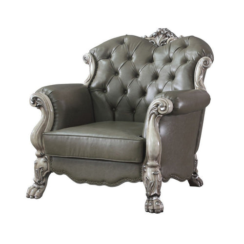 Traditional Leatherette Chair with Button Tufted and Carved Details,Gray
