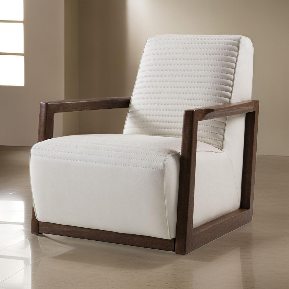 Accent Chair | Leather | Horizontal Stitch | Wood Arms | White & Brown