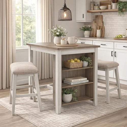 Dining Set | 3 Piece | Counter Height Table & Barstools | White & Brown