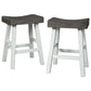 25 Inch Wooden Saddle Stool with Angular Legs, Set of 2, Brown and White By Casagear Home