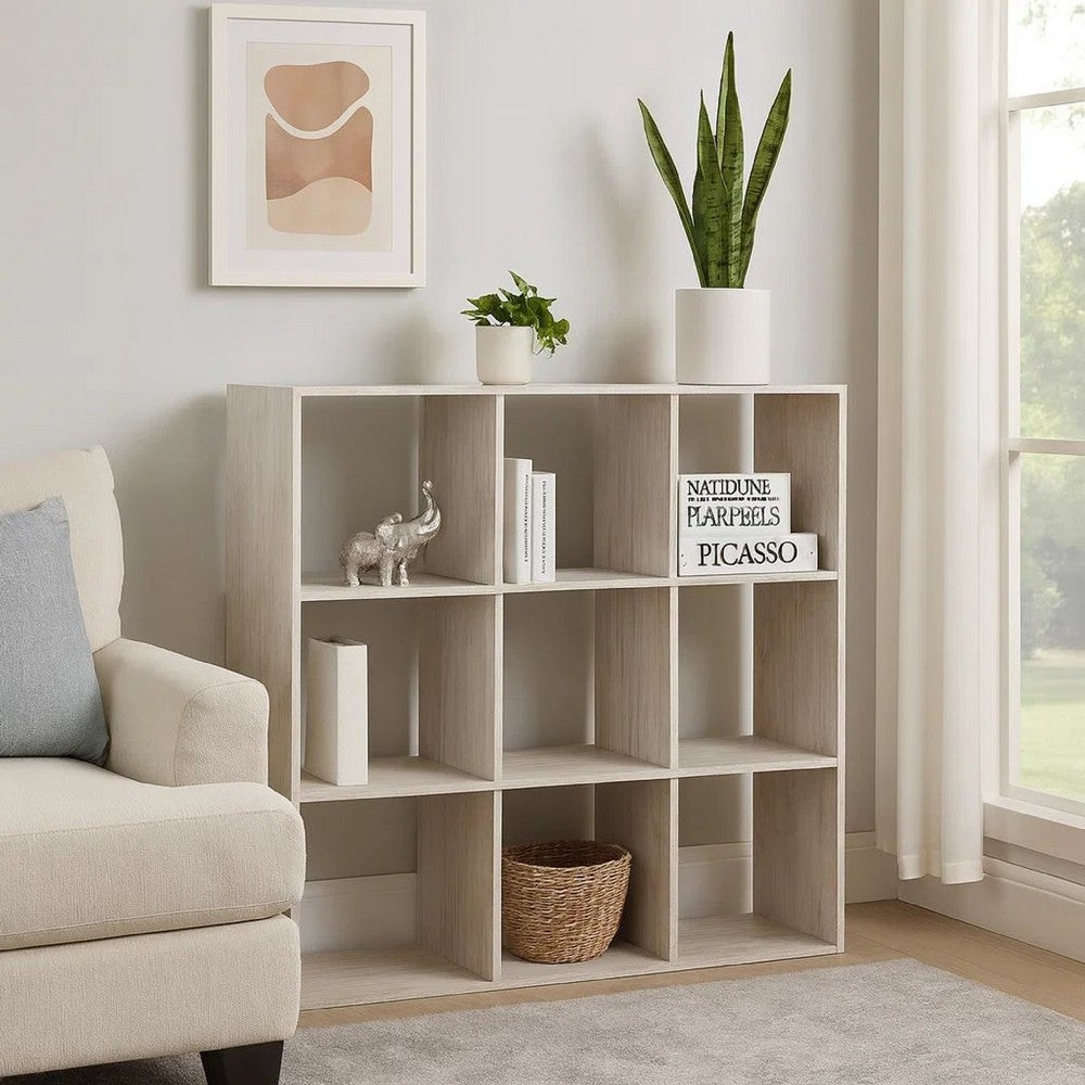 Ashley 9 Cube Wooden Organizer with Grain Details, Washed White