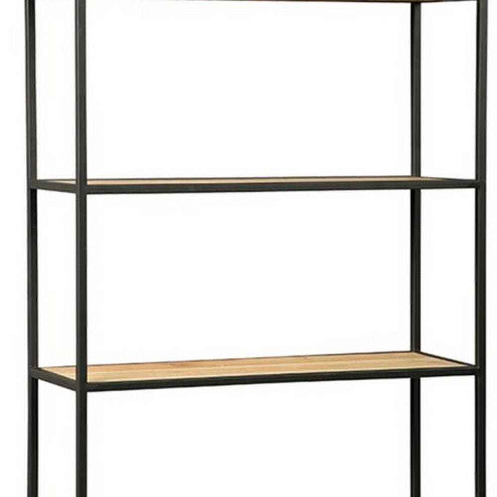 4 Tier Wooden Wall Shelf with Octagonal Open Metal Frame, Black By Casagear Home