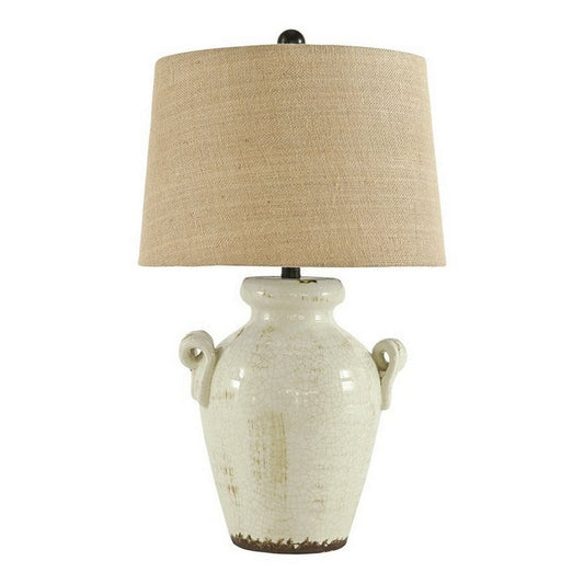 Ceramic Table Lamp with Vase Shaped Body and Fabric Shade, White and Beige By Casagear Home