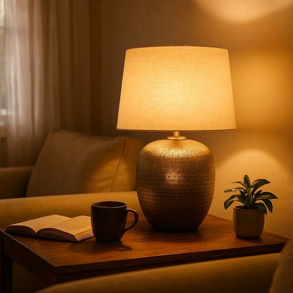 Bellied Table Lamp | Splotched Metal Body | 13" | Brass & Cream