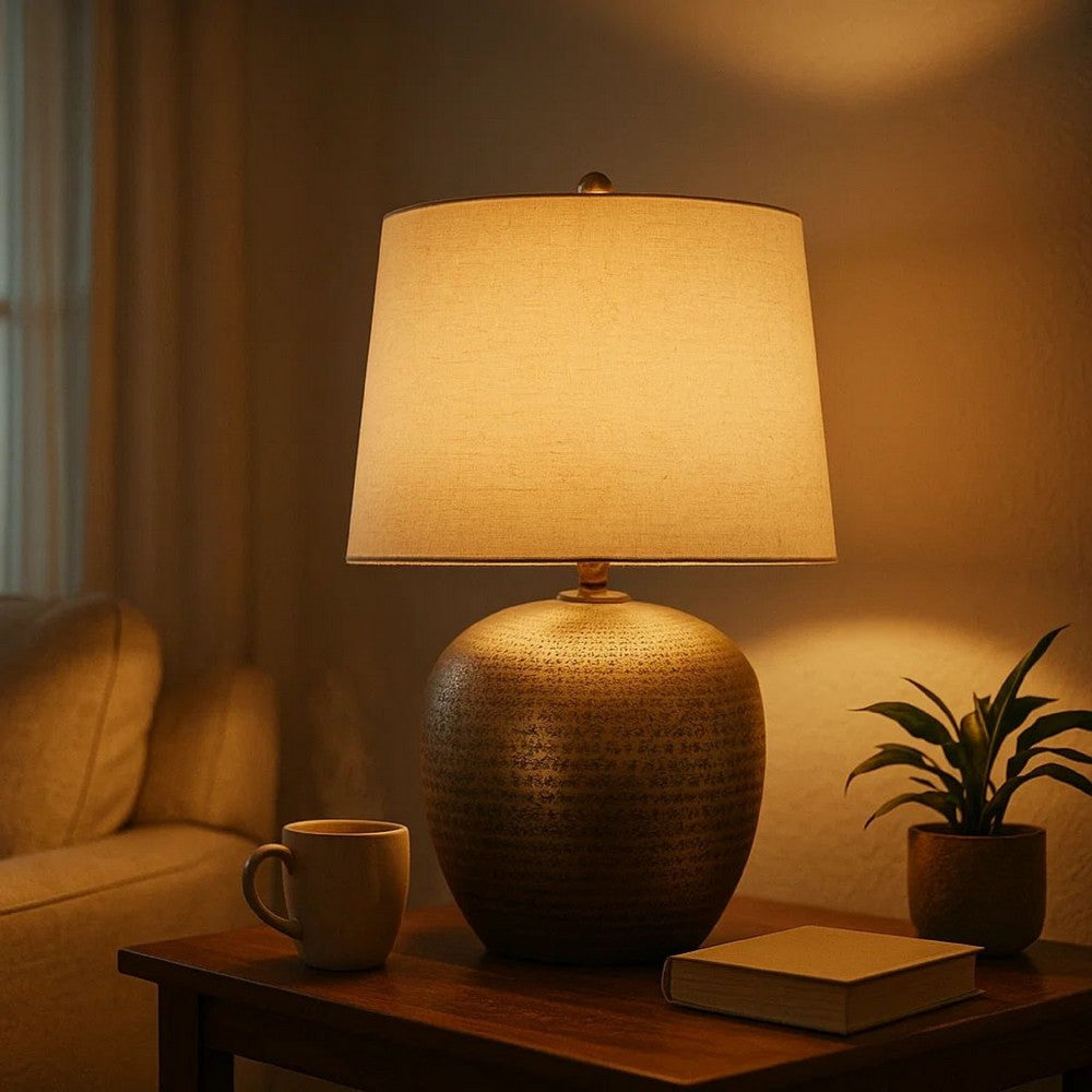 Bellied Table Lamp | Splotched Metal Body | 13" | Brass & Cream