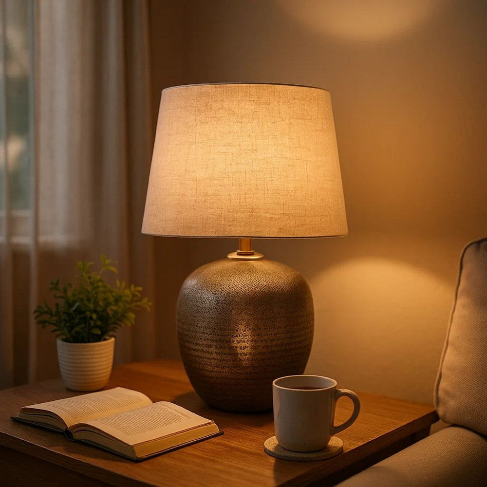 Bellied Table Lamp | Splotched Metal Body | 13" | Brass & Cream