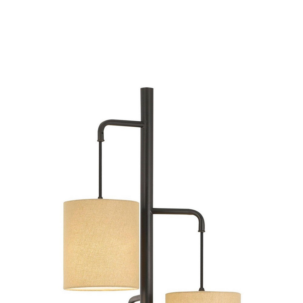3 Light Lantern Design Metal Floor Lamp with Fabric Shades, Black and Beige By Casagear Home
