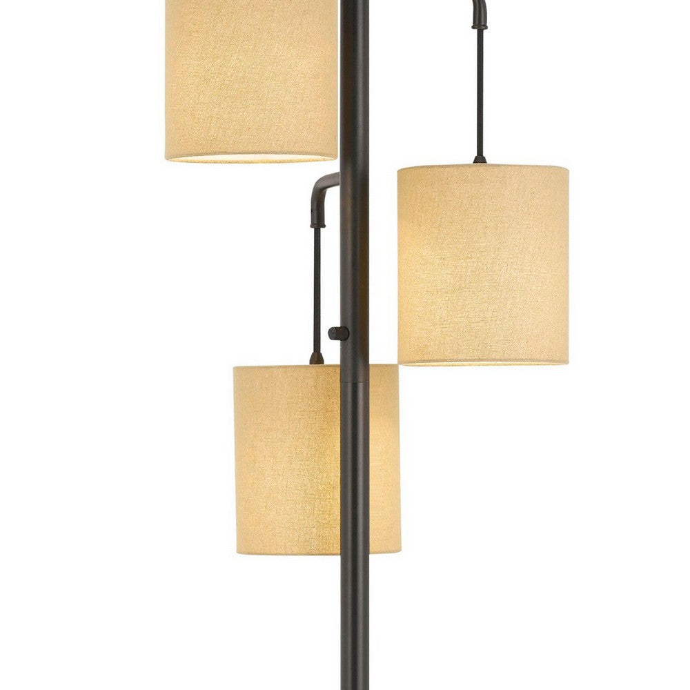 3 Light Lantern Design Metal Floor Lamp with Fabric Shades, Black and Beige By Casagear Home