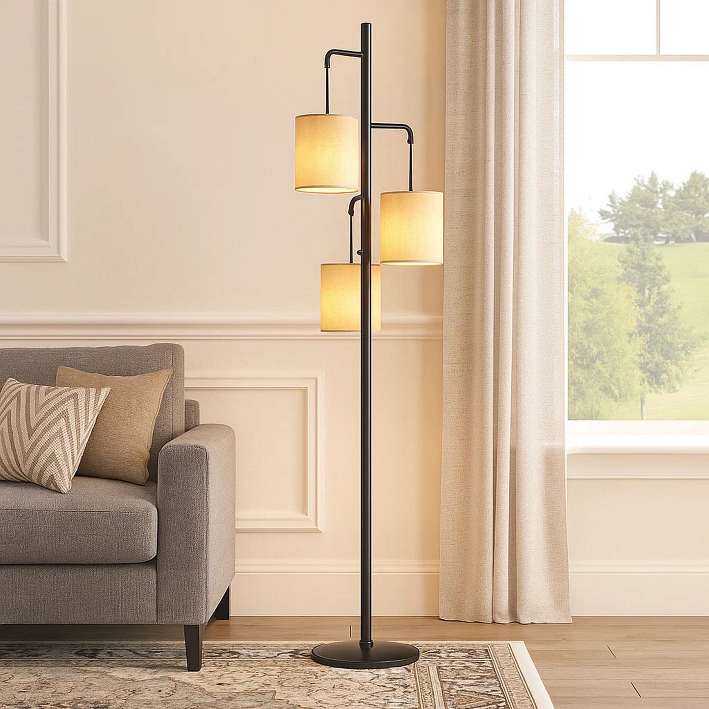 Lantern Floor Lamp | 3 Light Metal | Fabric Shades | Black & Beige