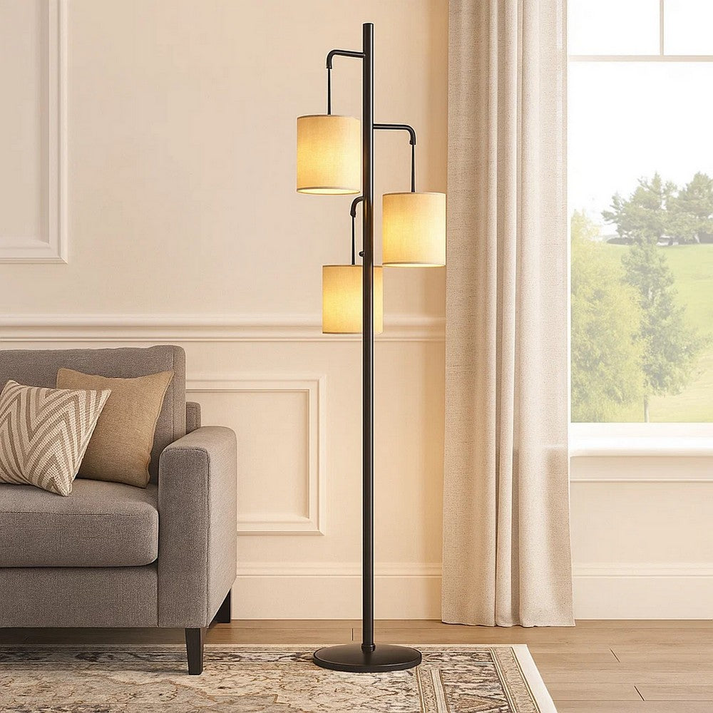 Lantern Floor Lamp | 3 Light Metal | Fabric Shades | Black & Beige