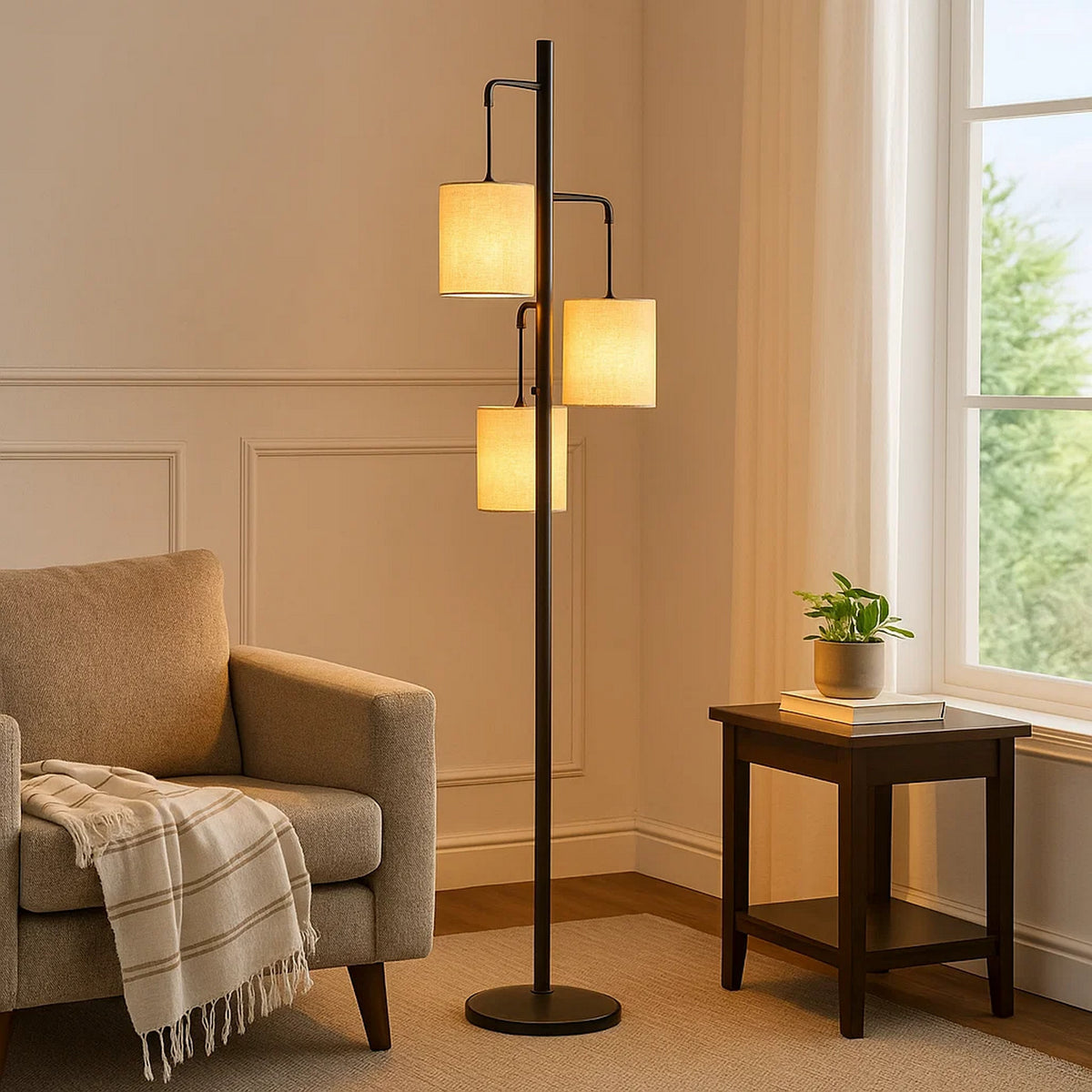 Lantern Floor Lamp | 3 Light Metal | Fabric Shades | Black & Beige