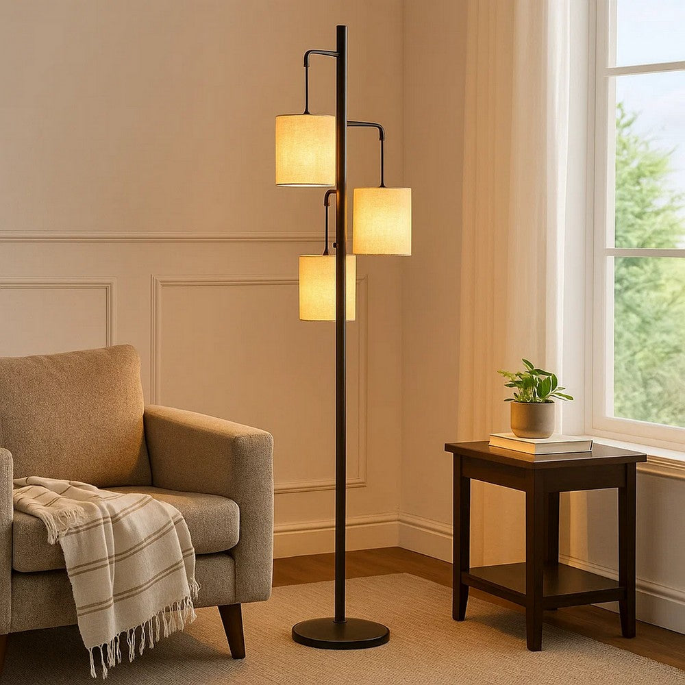 Lantern Floor Lamp | 3 Light Metal | Fabric Shades | Black & Beige