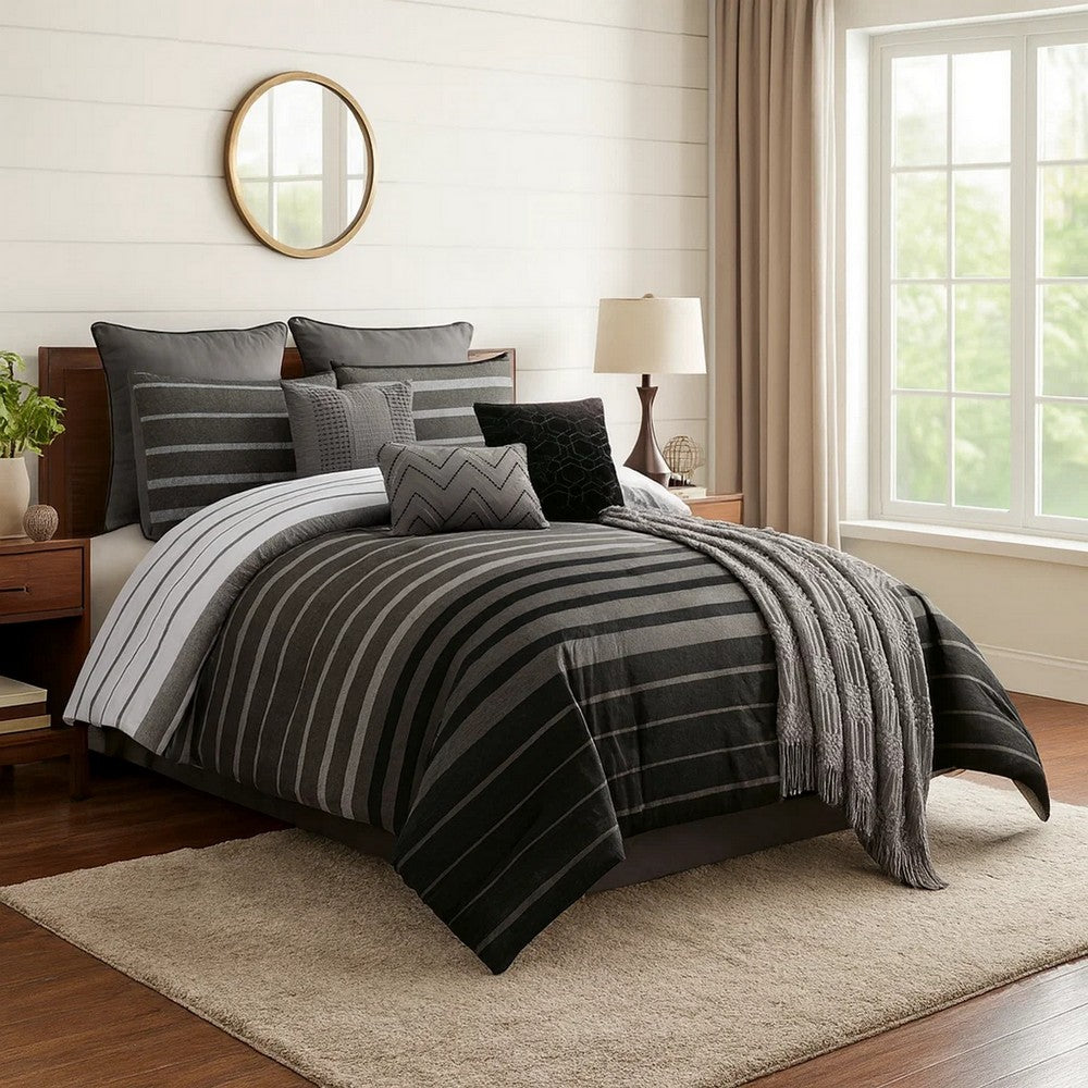 Comforter Set | 10 Piece King | Striped Polyester | Black & Gray