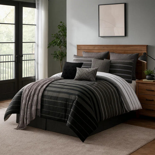Comforter Set | 10 Piece King | Striped Polyester | Black & Gray