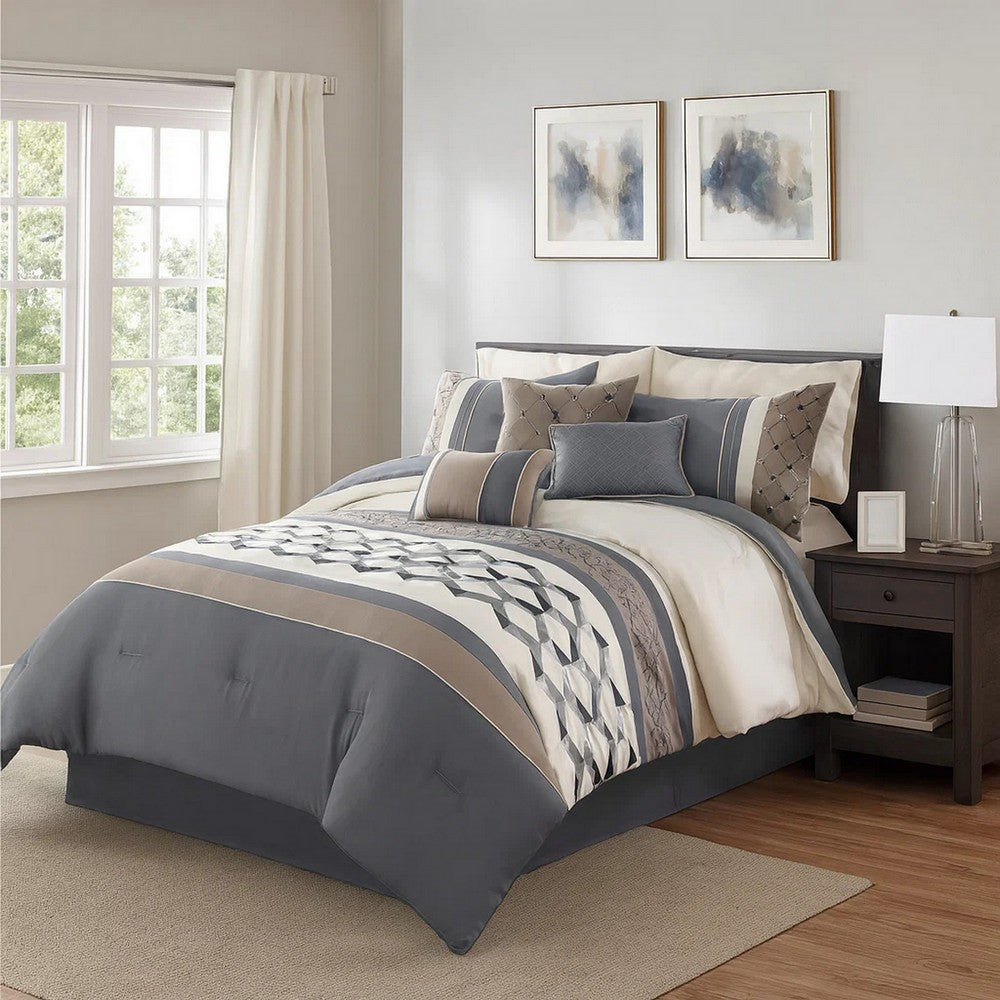 Comforter Set | 7 Piece King | Geometric Design | Blue & Tan