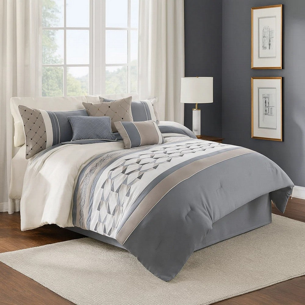 Comforter Set | 7 Piece Queen | Geometric Design | Blue & Gray