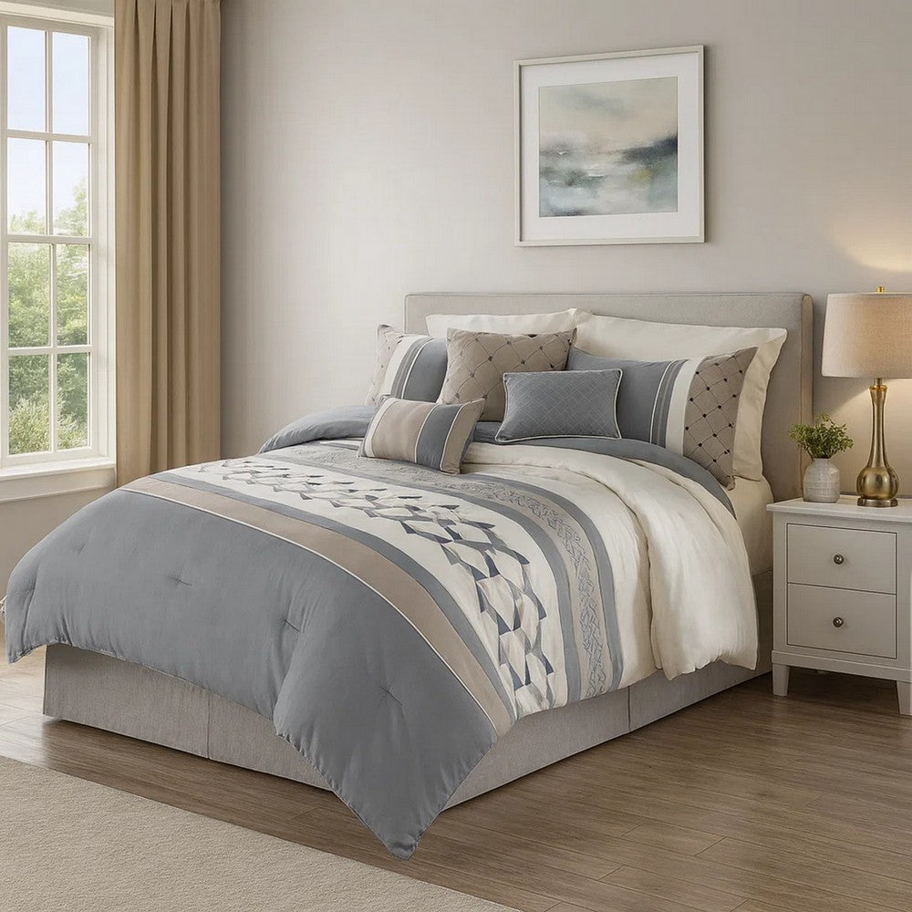 Comforter Set | 7 Piece Queen | Geometric Design | Blue & Gray