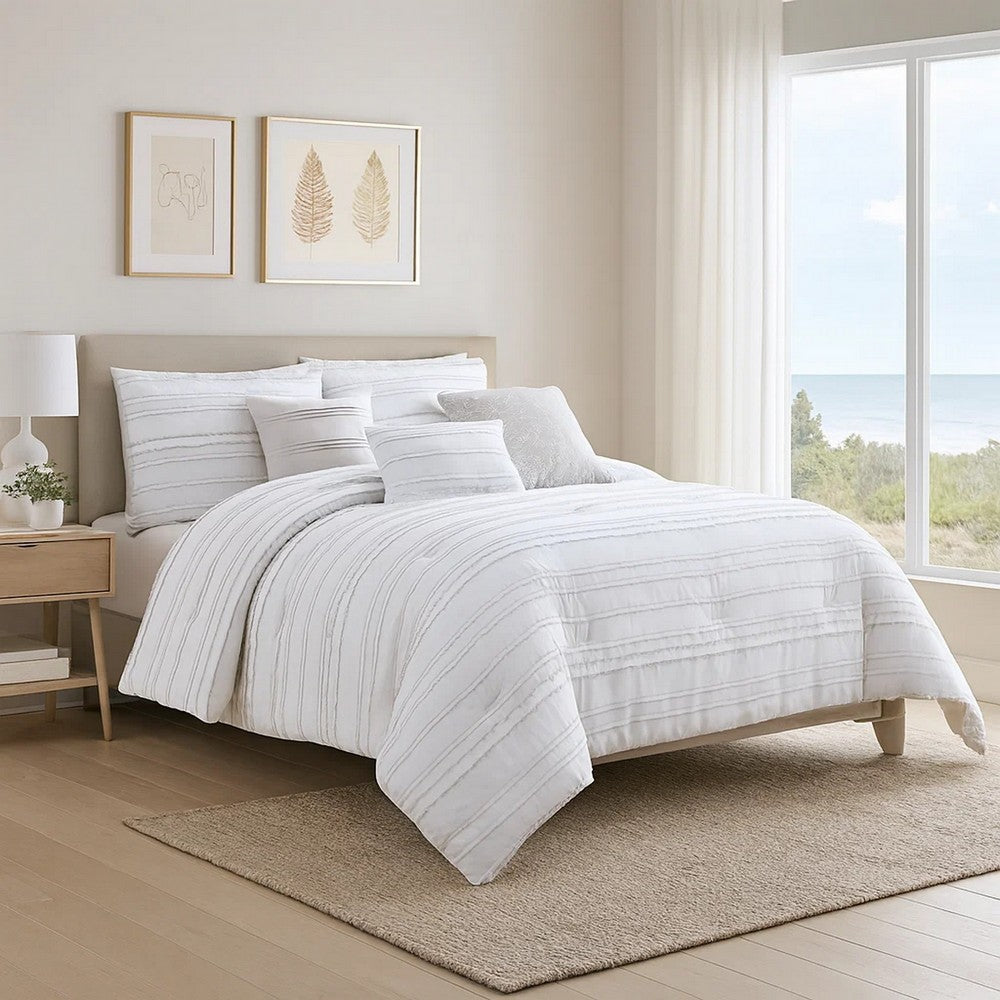Comforter Set | 6 Piece King | Cotton | Frayed Edges | White & Gray