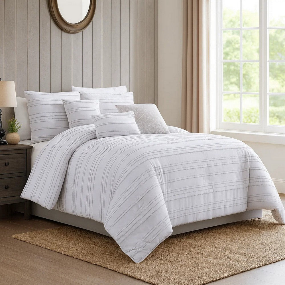 Comforter Set | 6 Piece Queen | Cotton | Frayed Edges | White & Gray