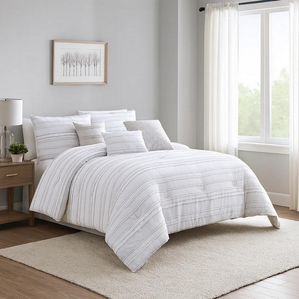 Comforter Set | 6 Piece Queen | Cotton | Frayed Edges | White & Gray