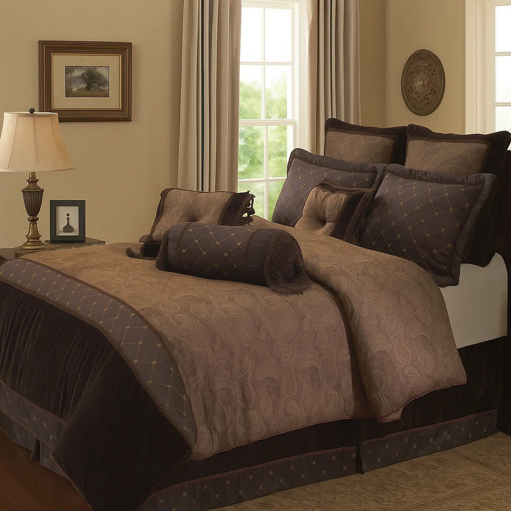 Comforter Set | 10 Piece King | Paisley Print | Brown Polyester