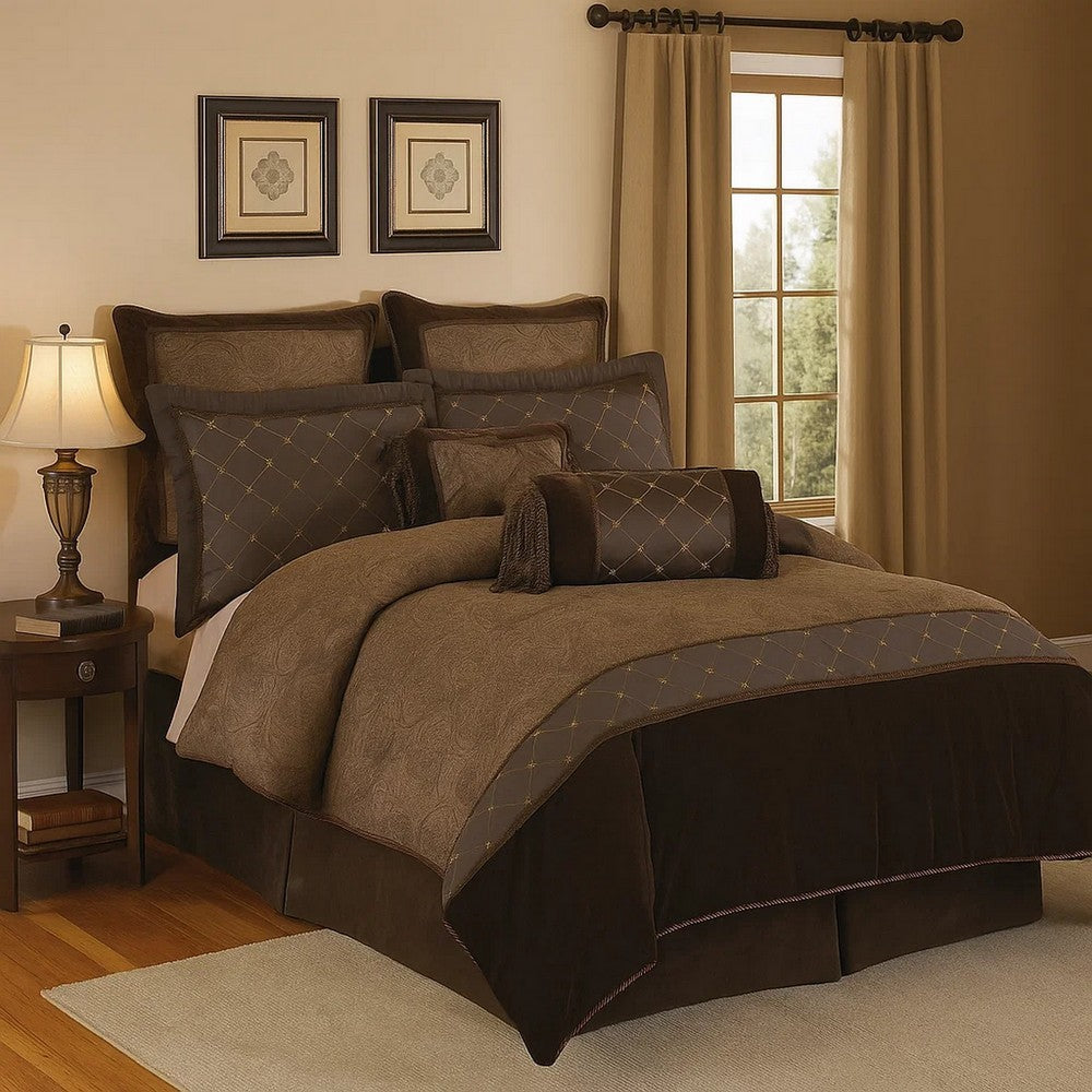 Comforter Set | 9 Piece Queen | Paisley Print | Brown Polyester