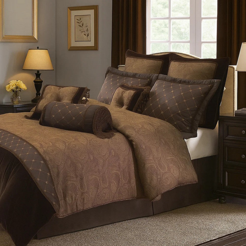 Comforter Set | 9 Piece Queen | Paisley Print | Brown Polyester