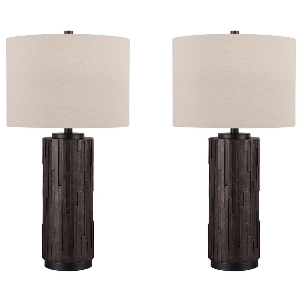 Textured Polyresin Frame Table Lamp with Drum Shade Off White and Bronze BM227374