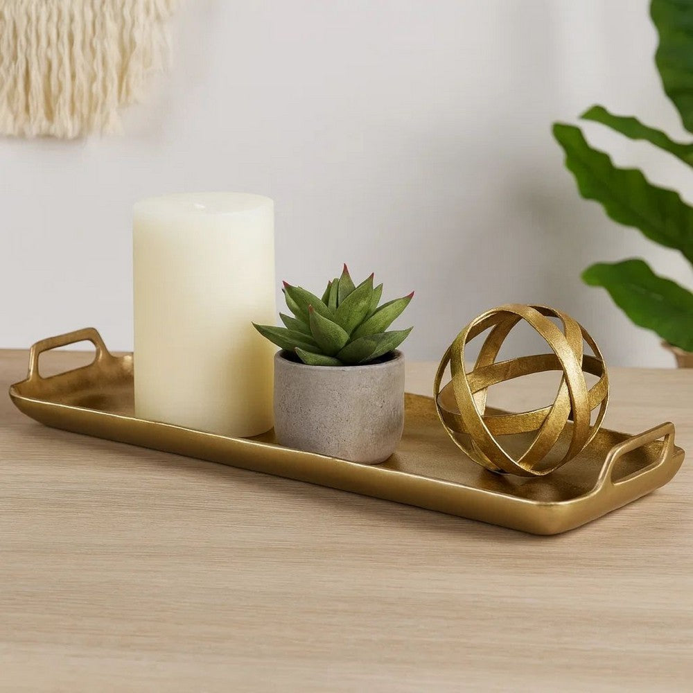Decorative Tray | Rectangular Metal | Cut Out Handle | Gold