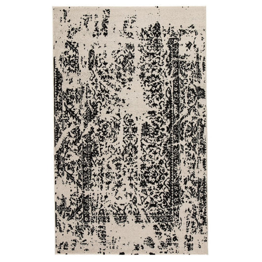 Machine Woven Fabric Rug with Abstract Pattern Medium Black and Off White BM227506