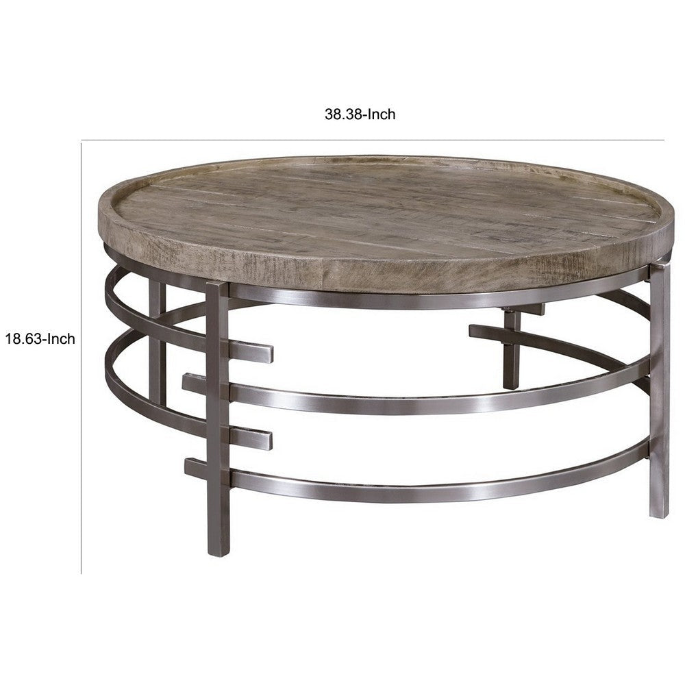 Wood Top Round Cocktail Table with Metal Base Brown and Gray By Casagear Home BM227587