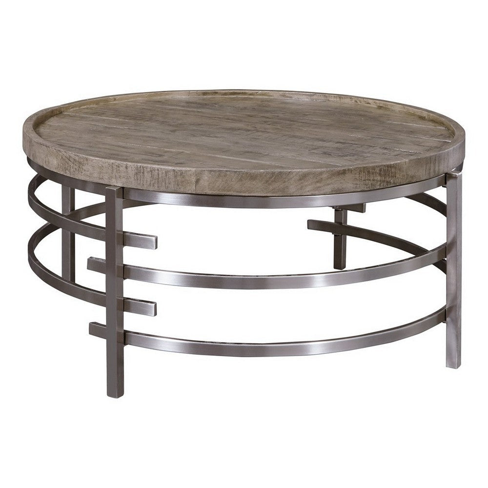 Wood Top Round Cocktail Table with Metal Base, Brown and Gray By Casagear Home