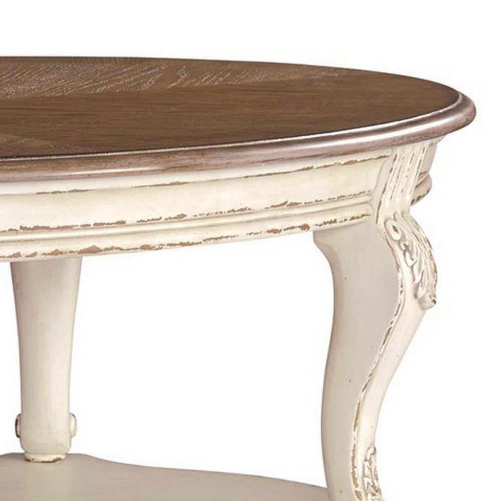 Two Tone Oval Cocktail Table with Bottom Shelf Antique White and Brown By Casagear Home BM227591