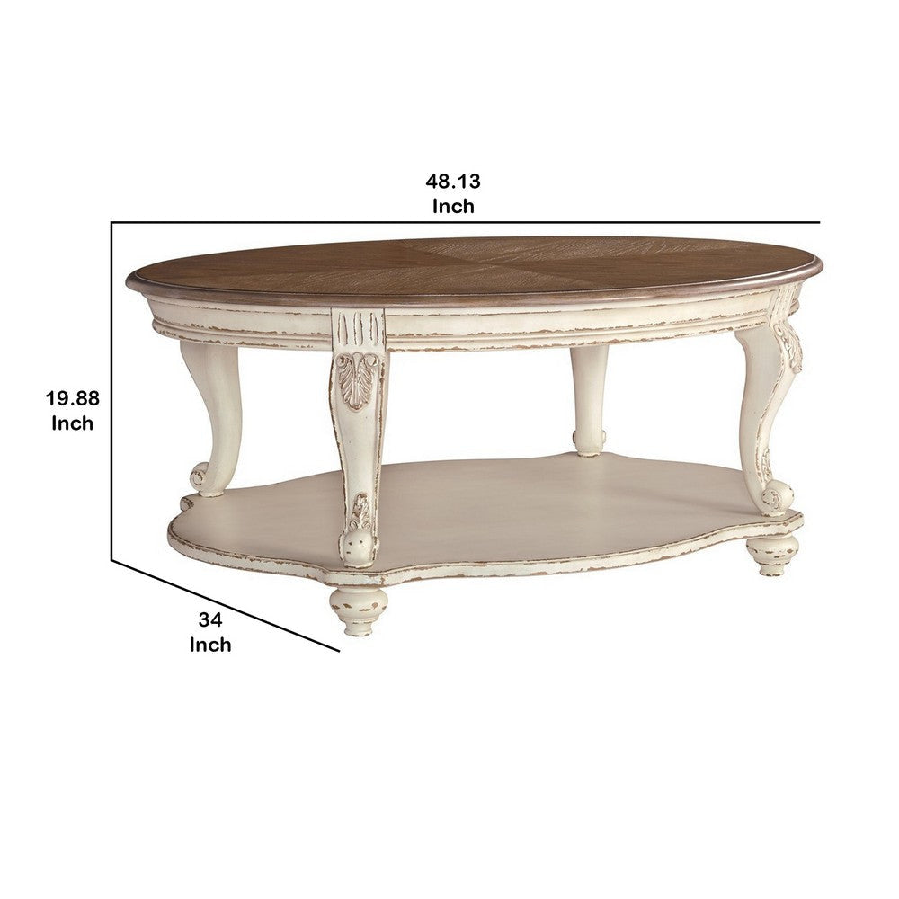 Two Tone Oval Cocktail Table with Bottom Shelf Antique White and Brown By Casagear Home BM227591