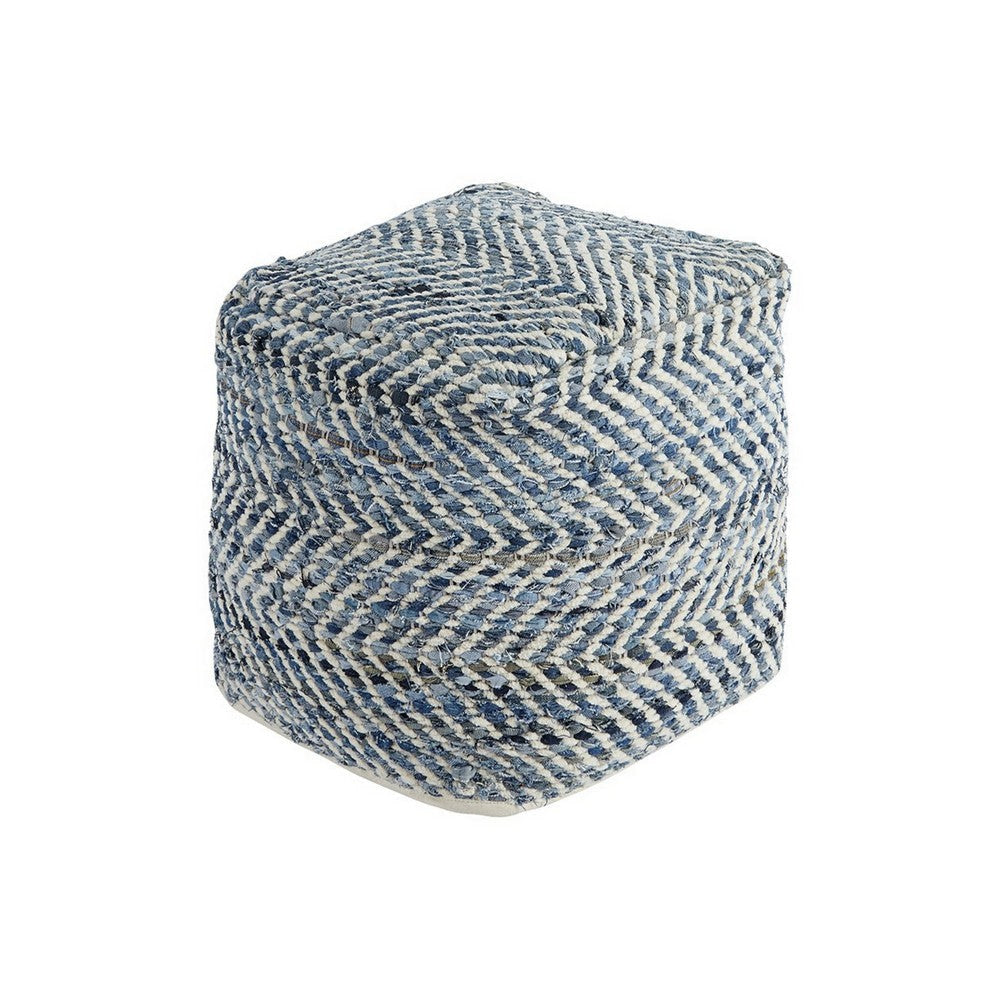 Pouf Ottoman | Round Fabric | Chevron Pattern | Blue