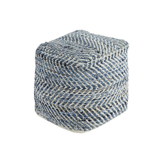 Fabric Round Shaped Pouf with Chevron Pattern, Blue By Casagear Home