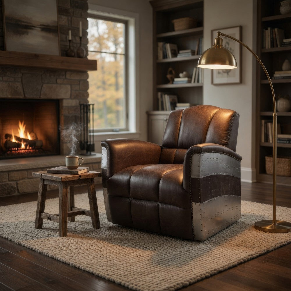 Vertically Tufted Lounge Chair with Aluminum Patchwork, Brown and Silver