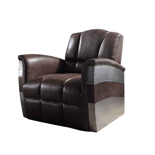 Vertically Tufted Lounge Chair with Aluminum Patchwork, Brown and Silver