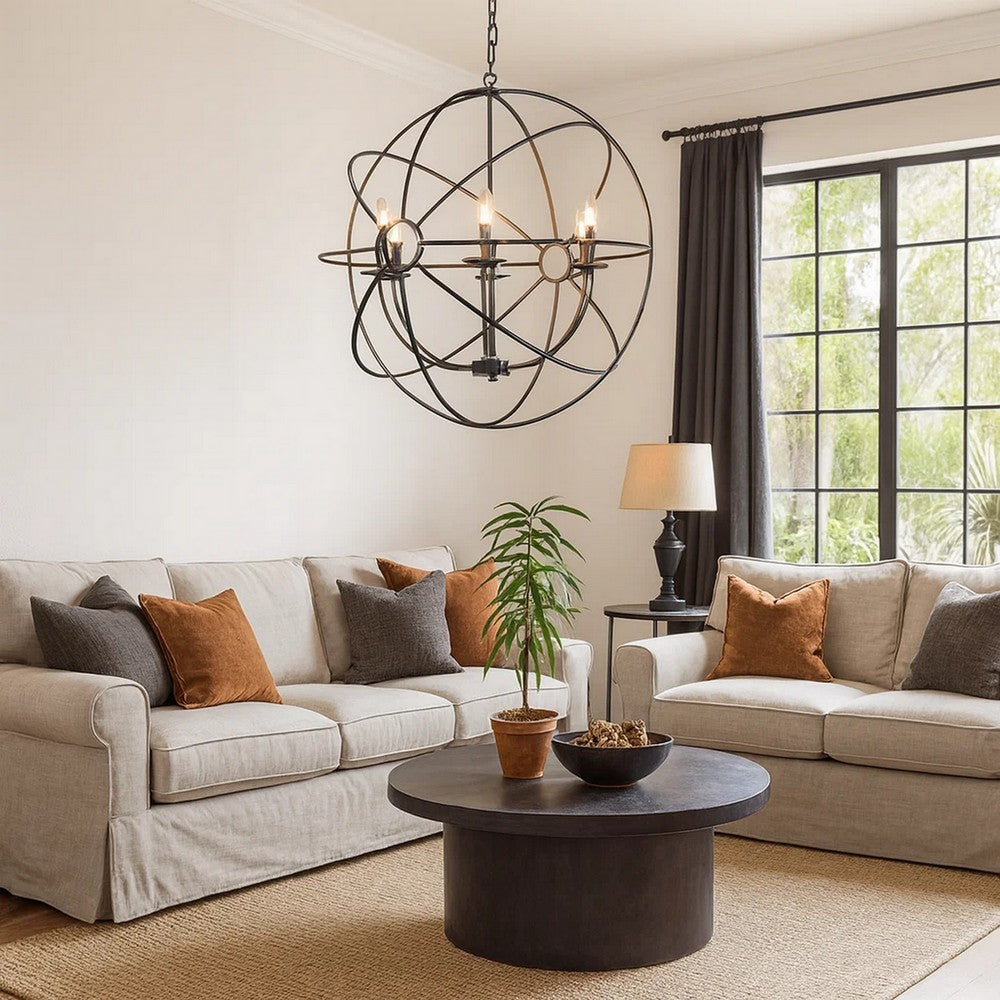 Orb Chandelier | 6 Light Fixture | Metal Frame | Black