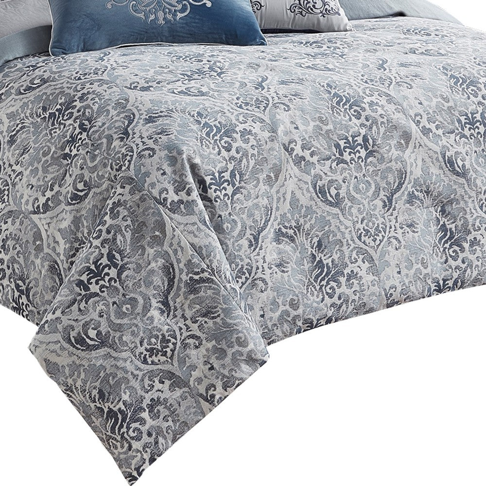 Comforter Set | 9 Piece Queen | Damask Print | Blue & Gray