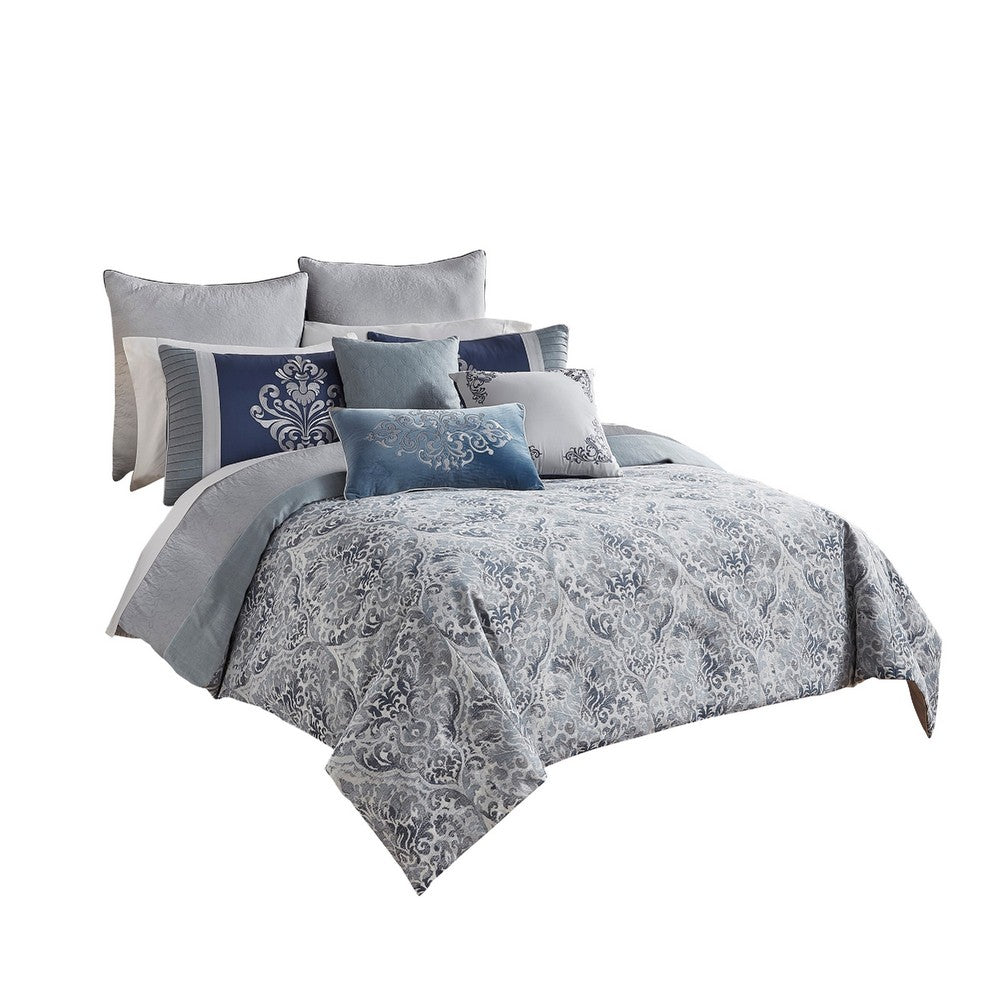 Comforter Set | 9 Piece Queen | Damask Print | Blue & Gray