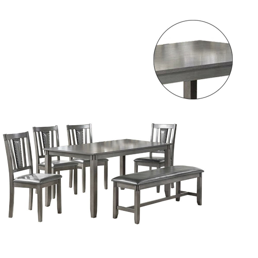 6 Piece Wooden Dining Set with Leatherette Padded Chair and Bench Gray By Casagear Home BM228549